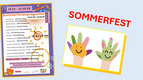 Das Bild zeigt ein Sommerferienprogramm für 2025 mit verschiedenen Aktivitäten wie Seifenblasen, Basteln und Waffeln backen. Es enthält wichtige Details wie Termine und Uhrzeiten. Außerdem wird ein Sommerfest am 12. August 2025 angekündigt. Bunte Hände mit Smileys symbolisieren kreative Freizeitgestaltung.