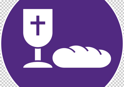 Symbol für das Abendmahl: Ein kelch mit einem Kreuz und ein Stück Brot, beide in weiß auf lila Hintergrund. Das Bild repräsentiert christliche Rituale und Gemeinschaft.