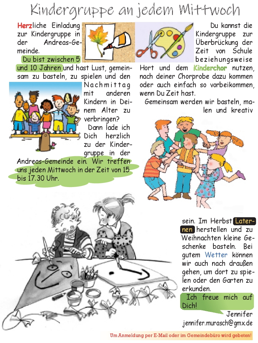 Ein Flyer ger Kindergruppe. Bunte Cartoons von Kindern beim Spielen und Basteln sind dargestellt.