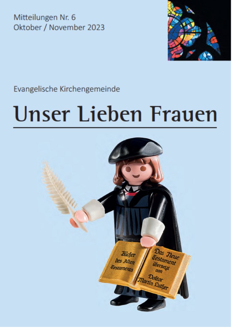 Dieses ist das Titelbild des Gemeindeblatts Nr. 6 2023 und es zeigt Luther als Playmobilfigur