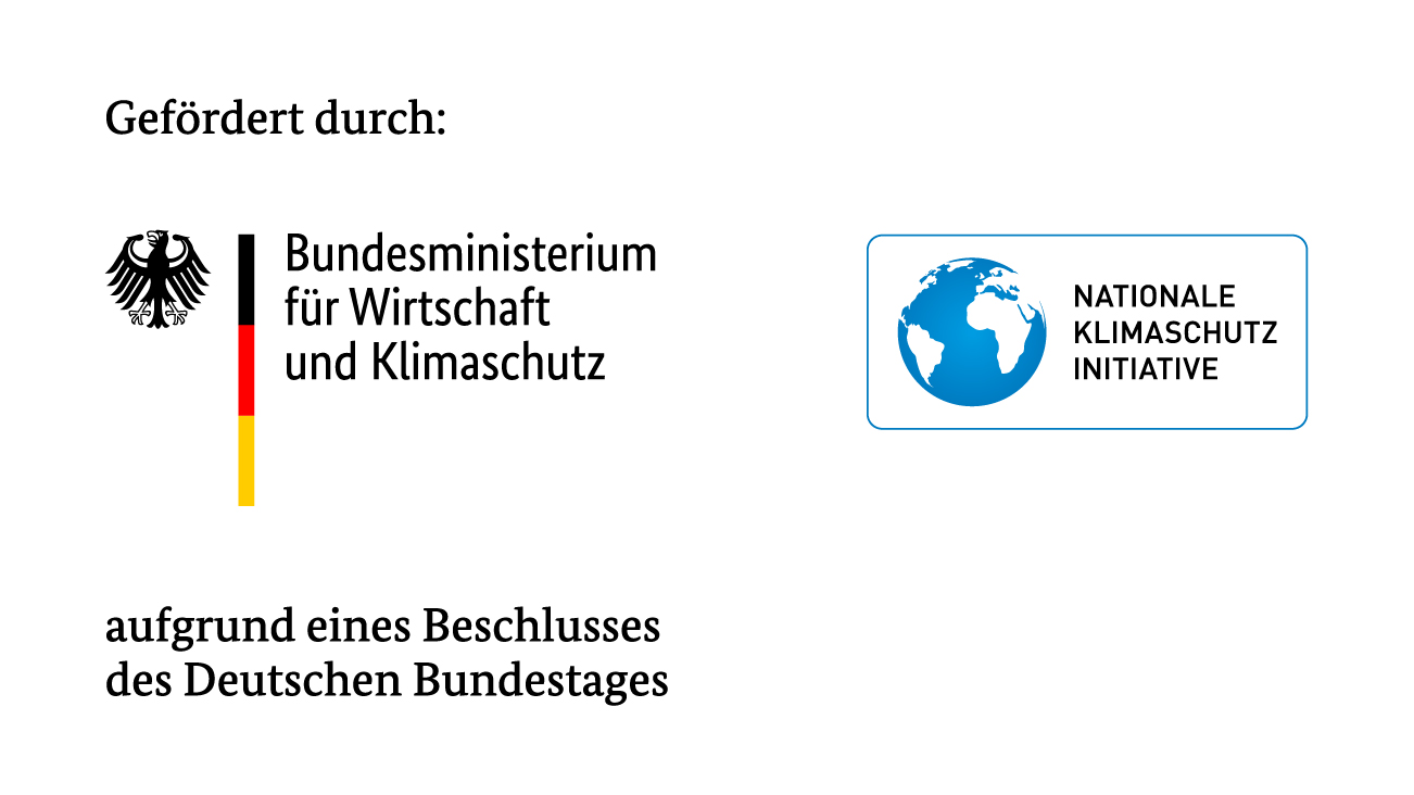 Text mit Logos: "Gefördert durch: Bundesministerium für Wirtschaft und Klimaschutz Nationale Klimaschutzinitiative aufgrund eines Beschlusses des Deutschen Bundestages"