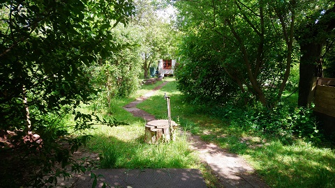 Ein ruhiger Gartenweg führt durch grünes Gras und Bäume. Am Ende des Weges ist ein kleiner Holzstumpf und ein Gebäude, das teilweise von der Vegetation verdeckt ist. Die Szene vermittelt eine friedliche und naturnahe Atmosphäre.